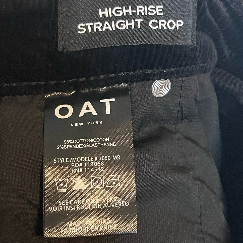 OAT NY women’s black corduroy high rise straight leg cropped raw hem pant sz 30 - Picture 3 of 9